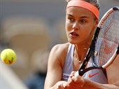 Slovensk tenistka Anna Karolna Schmiedlov se sousted na bekhend na Roland...
