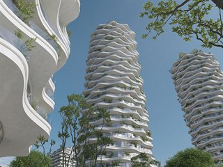 Vítězný návrh rozvlněné věže architektky Evy Jiřičné.