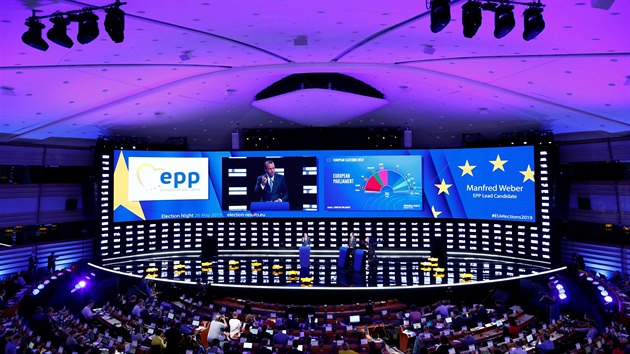 Manfred Weber, candidate of the European People's Party (EPP) for the next European Commission President, speaks at the Plenary Hall during the election night for European elections at the European Parliament in Brussels, Belgium, May 27, 2019. REUTERS/Francois Lenoir