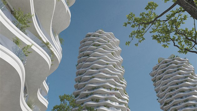 Vítězný návrh rozvlněné věže architektky Evy Jiřičné