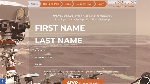 vodn menu na webu NASA, kde si lze vystavit letenku na Mars.