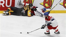 Český útočník Milan Gulaš bere puk před ležícími hokejisty na ledě.