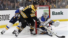 David Pastr�ák z Bostonu se sna�í natla�it p�ed gólmana Jordana Binningtona ze...