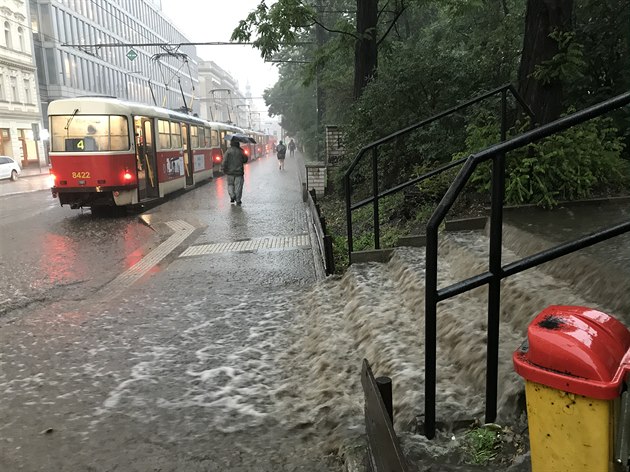 Pívalový dé promnil schodit do parku na Karlov námstí ve vodní kaskádu.