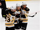 Brad Marchand, Torey Krug a David Pastrák (zleva) po gólové tref Bostonu.