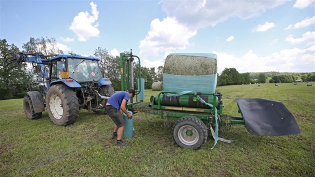 Farm Petr Marek zaal vera na polch u Dudna na Jihlavsku se sklizn pcnin pro sen, aby zajistil zsoby krmiva pro svj dobytek