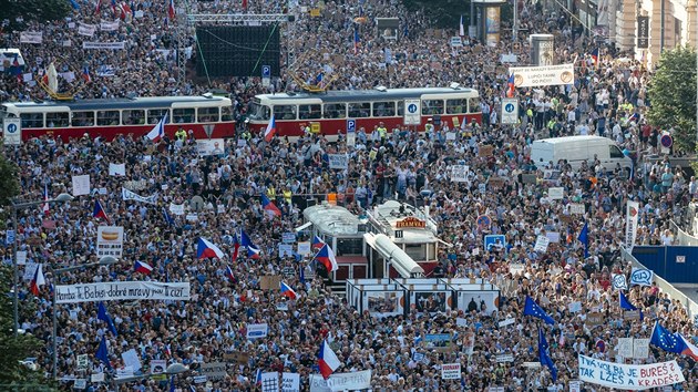 tern demonstrace iniciativy Milion chvilek pro demokracii na praskm Vclavskm nmst. Pes 120 tisc lid dalo demisi ministryn Marie Beneov a premira Andreje Babie. (4. ervna 2019)