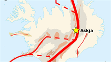 Schematická mapa zobrazuje Island a tlustou ervenou árou pozici, kudy pes...