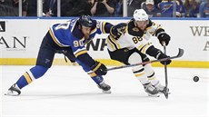 Ryan O'Reilly ze St. Louis (vlevo) a David Pastrák z Bostonu v souboji o puk