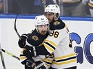 David Pastrák (88) a Brad Marchand oslavují trefu Bostonu.