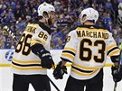 David Pastrák (88) a Brad Marchand (63) po oslavách bostonského gólu.