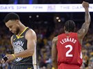 Kawhi Leonard z Toronta slaví v závru estého finále NBA, Stephen Curry u ví,...