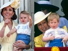Vévodkyn Kate a princ Louis v roce 2019 a princezna Anna a princ Harry v roce...