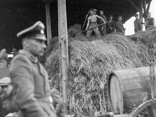 Vězni tábora v Lípě při práci. V popředí SS dozorce tábora Anton Schmeiler....