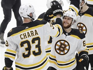 Zdeno Chára (33) a David Pastrňák (88) se radují z bostonské výhry nad St....