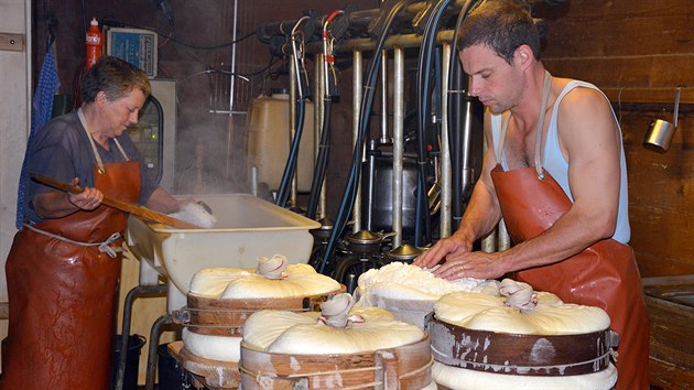 Výroba sýra Gruyere. Krupičky sraženého mléka se dávají do dřevěných forem.