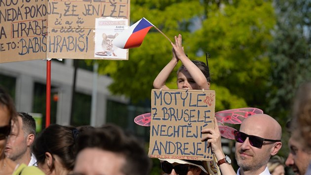 Asi dvě stovky převážně českých občanů protestovaly v Bruselu u budovy Evropské komise proti ohrožení vlády práva v ČR a českému premiéru Andreji Babišovi. (18. června 2019)