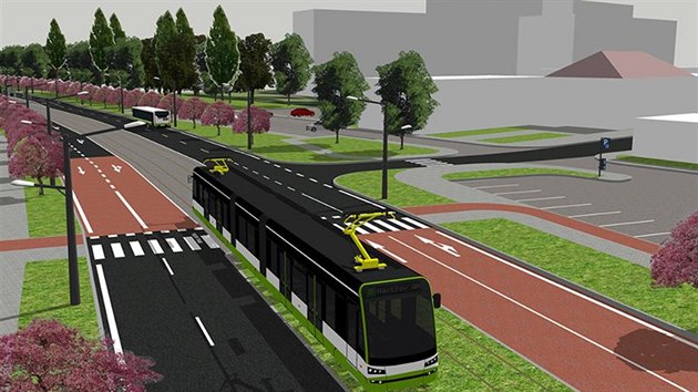 Původní představa podoby tramvaje nové rychlodráhy jedoucí
po třídě 17. listopadu v Karviné z roku 2016.