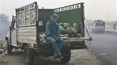 Prodejce melounů si zakrývá hlavu před prachovou bouří, která se zvedla ve...