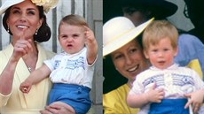 Vévodkyn Kate a princ Louis v roce 2019 a princezna Anna a princ Harry v roce...