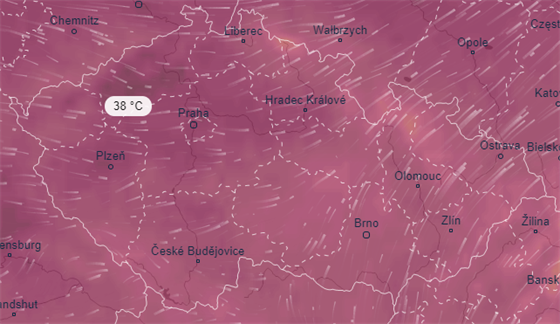 Předpokládaná teplotní mapa portálu ventusky.com pro 26. června 2019, 16 hodin...