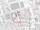Mapa zobrazujc dopravn situaci a znaen v sti centra Olomouce bhem oprav...