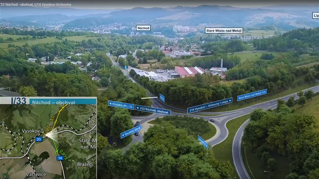 ŘSD zveřejnilo v květnu 2019 novou vizualizaci obchvatu Náchoda. Na snímku je okružní křižovatka u Vysokova.