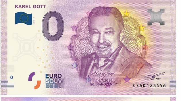 Karel Gott na pamětní eurobankovce, která se začne prodávat v den jeho osmdesátin 14. července 2019 v Praze.