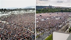 Demonstrace v Praze na Letné v listopadu 1989 (vlevo) a v ervnu 2019.