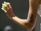 Karolína Plíková se chystá na servis v prvním kole Wimbledonu.
