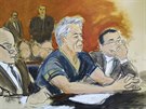Skica ze soudní sín, uprosted obvinný miliardá Jeffrey Epstein, vlevo...