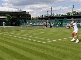 Bernard Tomic (vlevo) a Jo-Wilfried Tsonga v prvnm kole Wimbledonu