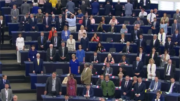 Nkte europoslanci pi prvnm plenrnm zasedn Evropskho parlamentu zstali pi hymn EU sedt, mezi nimi i europoslanci za SPD Ivan David a Hynek Blako (ve druh ad odspodu). (2. ervence 2019)