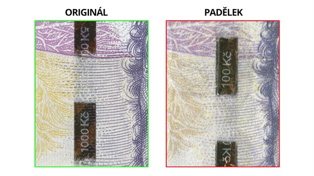Detail ochrannho prouku na prav bankovce 1 000 K (mikrotext NB 1000 K) a na padlku 1 000 K (mikrotext NB 100 K).