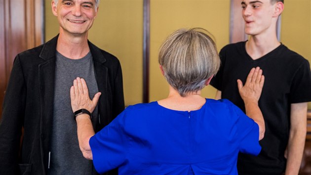 Agnieszka Hollandová, Ivan Trojan a Josef Trojan jako delegace k chystanému snímku Šarlatán (3. července 2019)