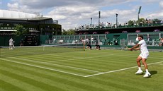 Bernard Tomic (vlevo) a Jo-Wilfried Tsonga v prvním kole Wimbledonu