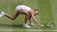 Barbora Strýcová se marně natahuje za míčkem ve čtvrtfinále Wimbledonu.