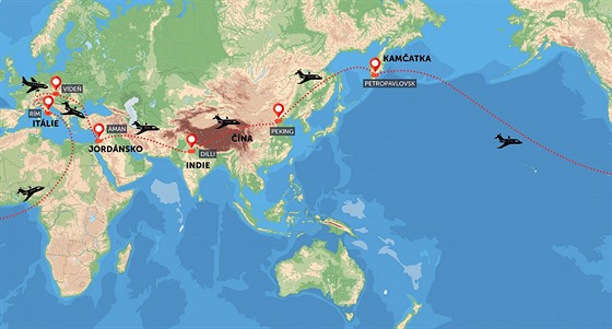 Mapa cesty kolem světa a sedm divů světa