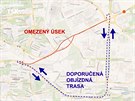 Obj�zdn� trasa uzav�en�ho lanov�ho mostu v Praze na Ji�n� spojce