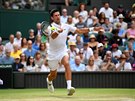 Srbský tenista Novak Djokovi bhem tvrtfinále Wimbledonu, ve kterém se...