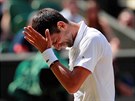 Srb Novak Djokovi natvan reaguje bhem semifinále Wimbledonu.