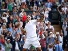 výcar Roger Federer se raduje z postupu do finále Wimbledonu.