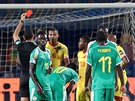 Olivier Verdon z Beninu vidí ve čtvrtfinále afrického šampionátu proti Senegalu...