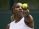 Podání Sereny Williamsové v semifinále Wimbledonu.