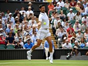 Srbsk tenista Novak Djokovi bhem tvrtfinle Wimbledonu, ve kterm se...