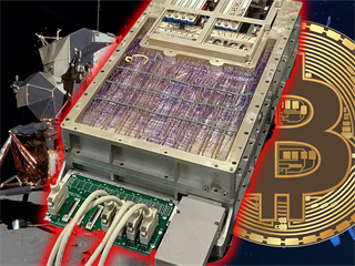 Těžba bitcoinů na počítači Apollo Guidance Computer (ilustrační montáž)