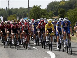 Peloton bhem jedenct etapy Tour de France, na ele jedou cyklist tmu...