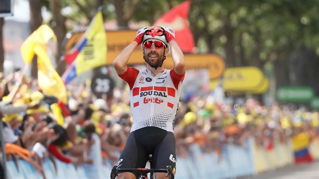 Belgian Thomas De Gendt z tmu Lotto Soudal se raduje v cli osm etapy Tour de France.