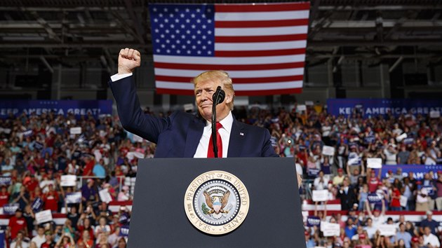 Americk prezident Donald Trump na pevolebnm mtinku v Greenville (18. ervence 2019)