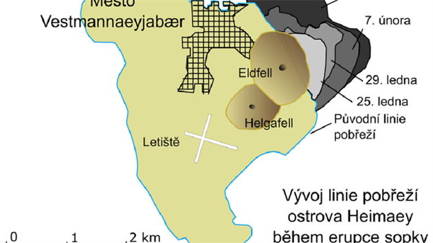 Schematick mapa ostrova Heimaey ukazuje vvoj linie pobe v prbhu erupce sopky Eldfell bhem roku 1973. Pvodn linie ostrova je vyznaena modrou barvou. Odstny ed oznauj nov vznikl sti ostrova. Mkovn vyznauje pvodn rozsah msta.